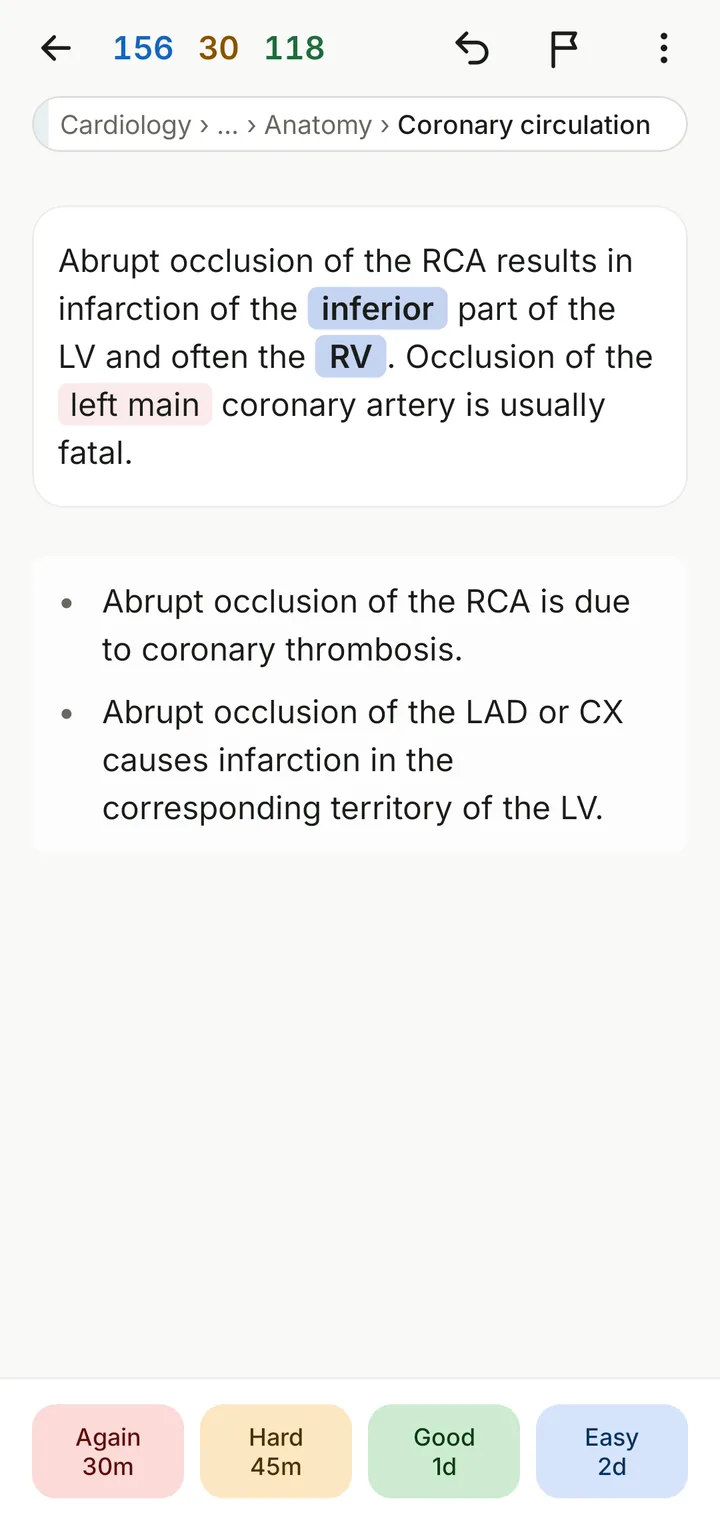 A card on right coronary artery occlusion, with the key points underneath.
