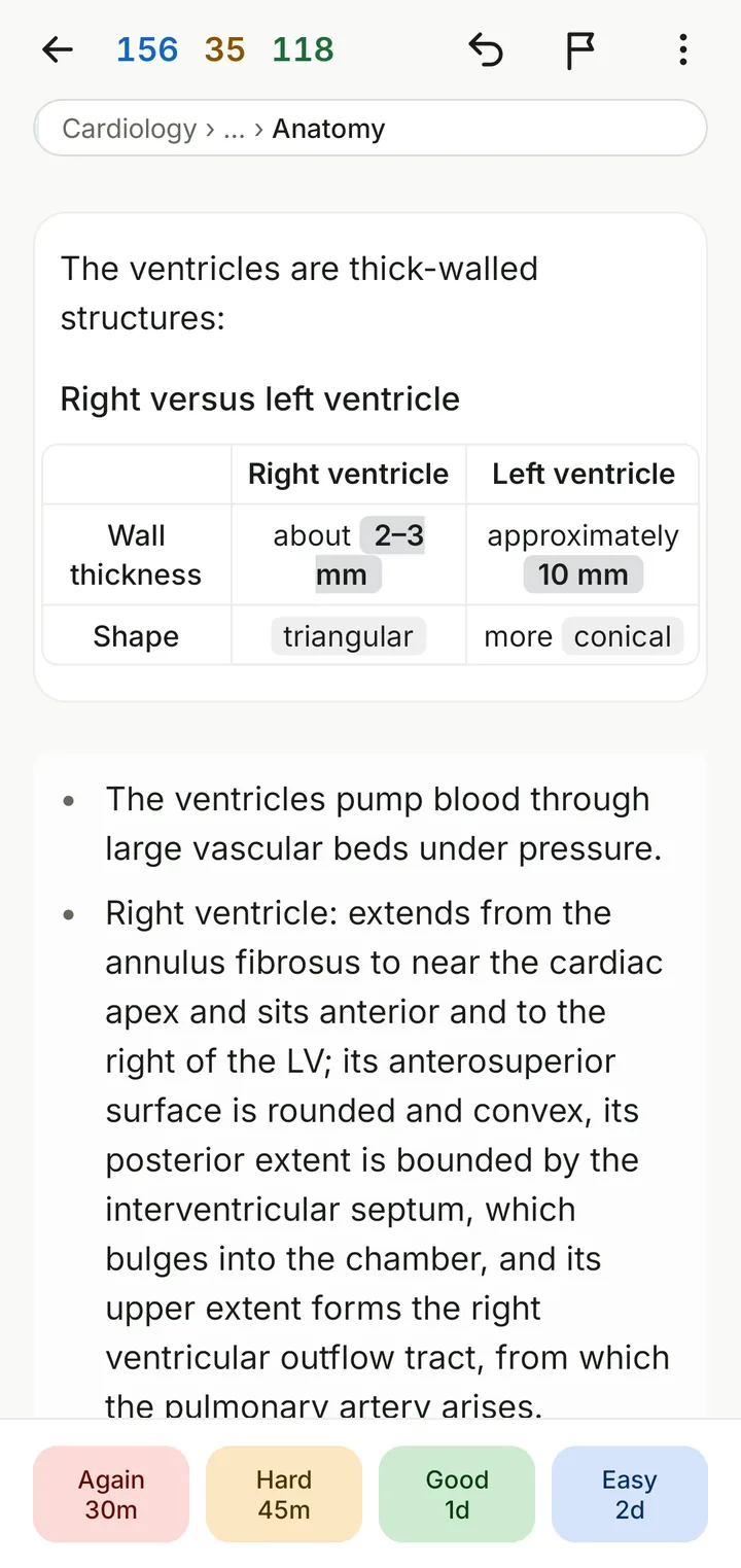 A Curevise card comparing the right and left ventricles, with the answer shown and four buttons: Again, Hard, Good and Easy.