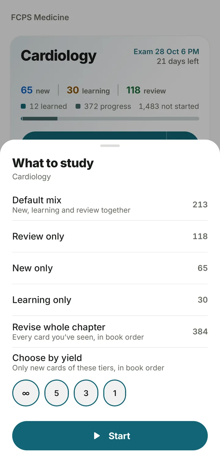 The What to study sheet: default mix, review only, new only, learning only, revise whole chapter, and choose by yield.
