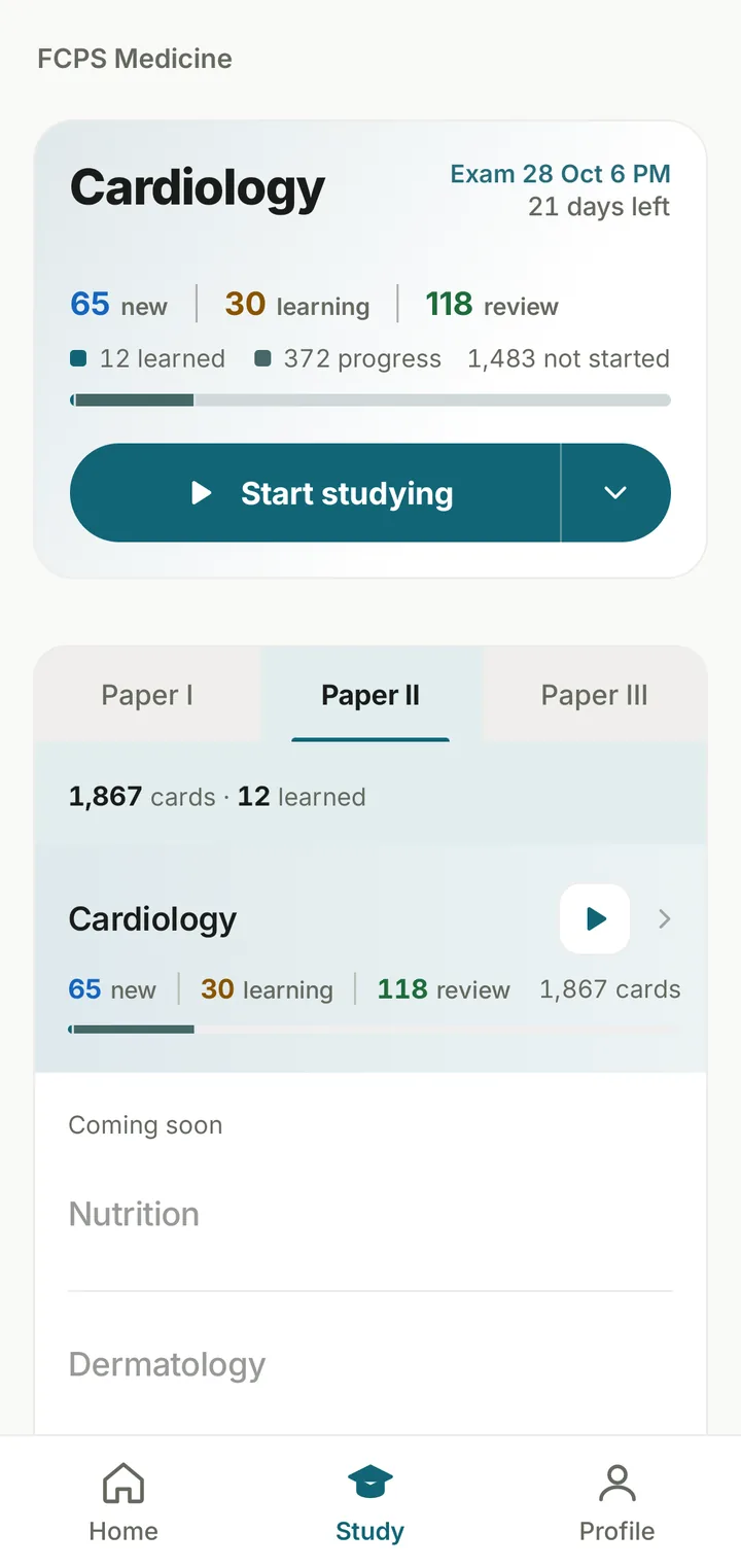 The Study tab: Cardiology, exam on 28 October at 6 PM, 21 days left, with new, learning and review counts.